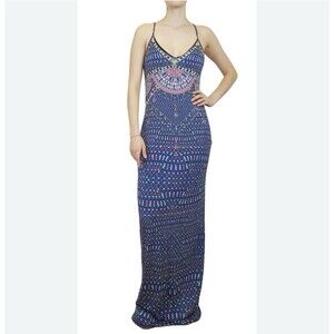 Mara Hoffman Swim Lace Up Back Blue Pink Purple Macrame Print Maxi Dress S $275
